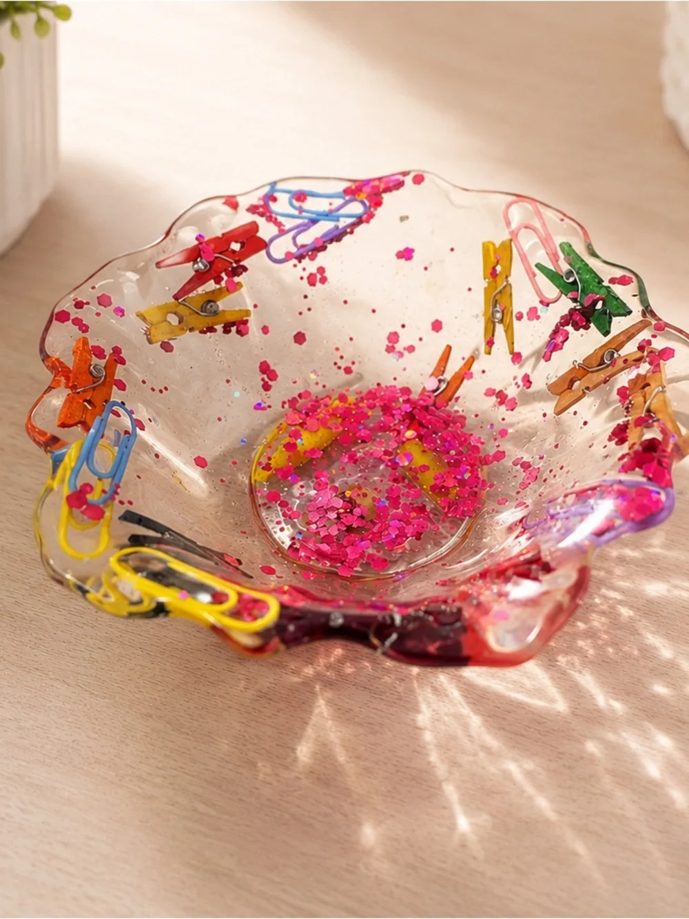 Clear Resin Decorative Bowl with Pink Confetti and Multicolor Accents